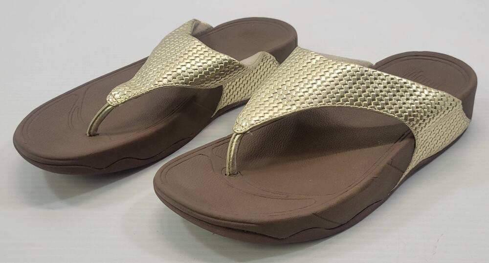 *E) FitFlop Woman Gold Weave LuLu Toe Post Thong Sandal Shoe 8